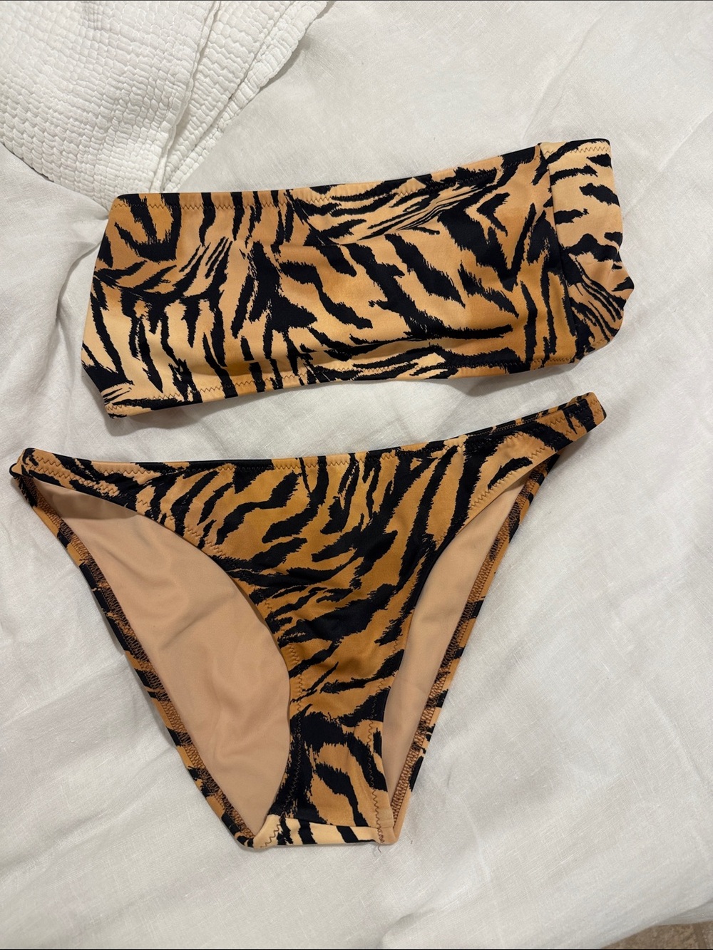 Tori Praver Swimwear Tiger-Print Bandeau Bikini in Tan and Black